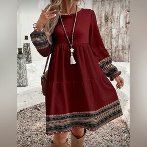 EMERY ROSE Red Midi Dress with Patterned Hem